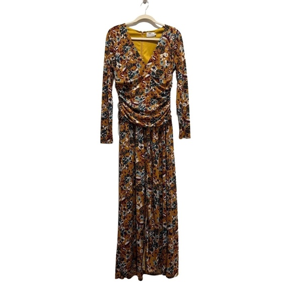 Tanya Taylor Dresses & Skirts - Tanya Taylor Maxi Dress Womens Mustard Yellow Floral Long Sleeve V-Neck Ruched M